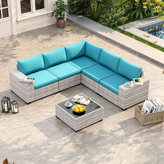 6 Piece Outdoor Wicker Rattan Sectional Sofa Set, 5-Seats Patio Furniture Conversation Set with 4" Thickened Cushions & Coffee Table, All-Weather PE Rattan for Garden, Backyard, Porch, Navy