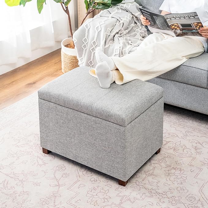 Joveco 24" Linen Storage Ottoman Bench, Rectangle Foot Rest Stool for Living Room, Bedroom, Entryway, Linen Gray