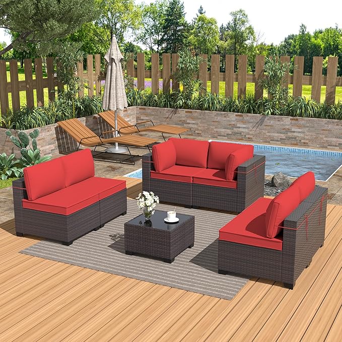 Kurapika 7 Pieces Patio Furniture Set, Rattan Wicker Outdoor Conversation Sets w/4 Inch Cushion and Glass Coffee Table(Red)