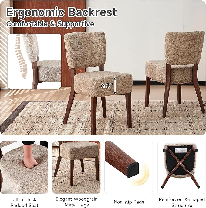 Howtek Modern Dining Chairs Set of 2 with 6.3" Thick Seat Cushions, Space-Saving Stackable Upholstered Kitchen Chairs, Ergonomic Backrest & Wood Grain Metal Legs, Brown
