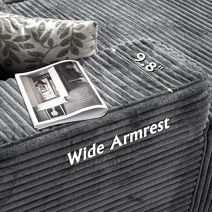 3-Piece Boneless Modular Sectional Sofa, Cloud Couch, Left Facing Chaise with Ottoman, Oversized Deep Seat, Soft Corduroy Fabric, Sectional Couch for Living Room-Grey