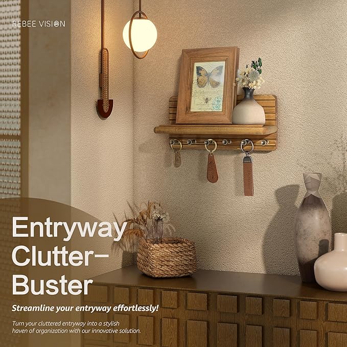 Rebee Vision Farmhouse Key Holder Wall Mount for Home Decor – Decorative 11-inch Pine Wooden Key Holder for Wall with 6 Hooks & Floating Shelf - Apartment Essentials for Tidy Space (Light Brown)