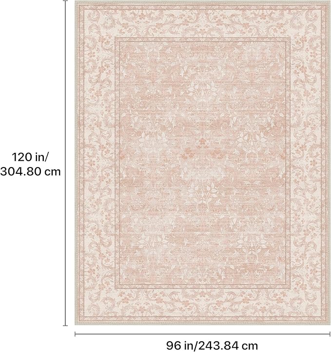 GENIMO 8x10 Washable Area Rug, Non-Slip Vintage Boho Floral Carpet, Soft Low-Pile Thin Living Room Rug for Bedroom, Dining Room, Nursery, Pink White