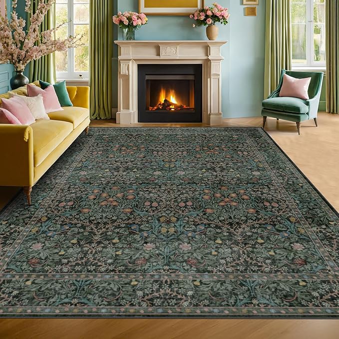 Washable Dark Green 10x12 Rug for Living Room - Extra Large Area Rugs for Dining Room Under Table, Bedroom, Soft Low Pile Non Slip Stain Resistant Carpet - Vintage Floral Design Non-Slip