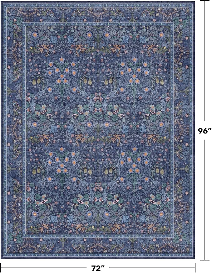 Dining Room Rugs for Under Table - 6x8 Washable Dark Blue Oriental Area Rug for Living Room, Low Pile Non-Slip Floor Carpet for Bedroom - Vintage Design & Stain Resistance (6x8 Navy Blue)