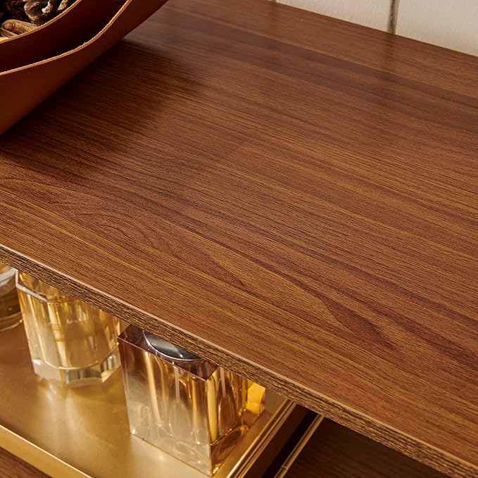 Glass Console Table for Living Room, Foyer & Entryway, L41 x W14 x H31 Inch, 3-Tier Mid-Century Modern Sofa Table with Amber Glass Top, Walnut Finish Wood Shelf and Gold Finish Frame