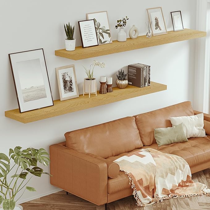 Vivelove 12" Deep Floating Shelves with Invisible Brackets, 72" Wall Shelves for Bathroom Bedroom Kitchen Living Room Laundry Room, Modern Rustic Shelves for Home Decor, 72"x12"x2", Set of 1, Oak