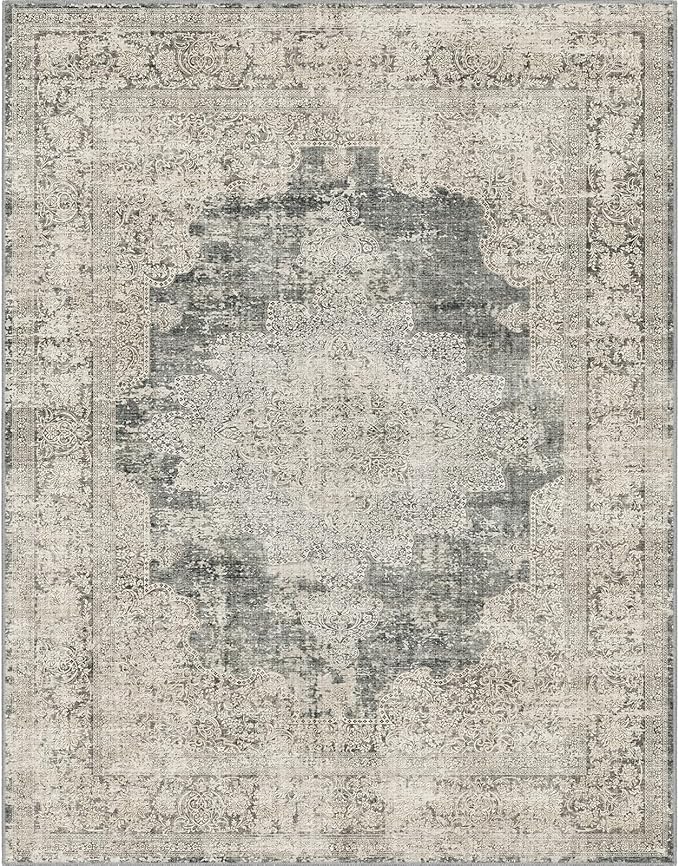 Area Rug 8x10 Washable Rug Living Room Vintage Non Slip Accent Rug Thin Retro Print Indoor Mat for Bedroom Kitchen, (Olive 8x10)