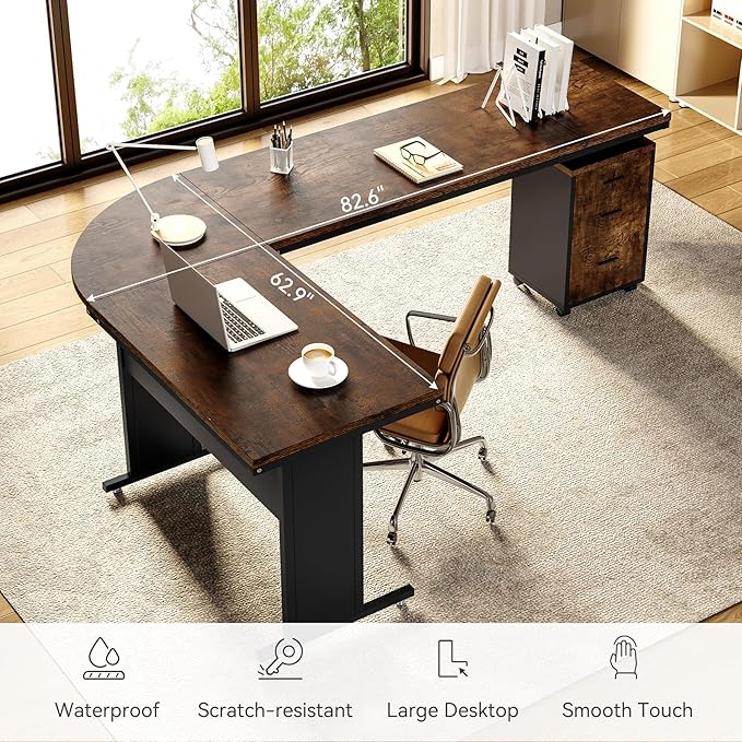 LITTLE TREE 83 Inch L-Shaped Office Desk with Drawers, Large Executive Office Desk with Storage, Wooden Computer Desk with File Cabinet, Modern Work Desk for Home Office, Brown