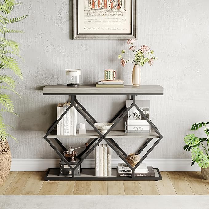 Garvee 3-Tier Entryway Table, Industrial Console Sofa Table with Storage, Accent Table with Open Shelves, Diamond-Shaped Metal Frame, Foyer Table for Entryway, Hallway, Gray