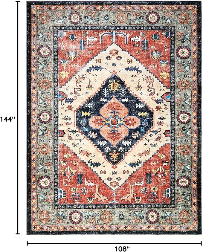 Washable Living Room Area Rugs - 9x12 Large Soft Machine Washable Non-Slip Low Pile Area Rugs, Vintage Oriental Neutral Carpet for Bedroom Dining Room Dorm Office Decor Red/Beige
