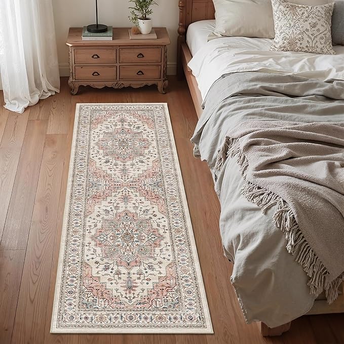 2x6 Vintage Runner Rug Low Pile Runners Non-Slip Machine Washable Rug Retro Distressed Print Lightweight Carpet for Hallway Kitchen Living Room Bedroom Laundry Room