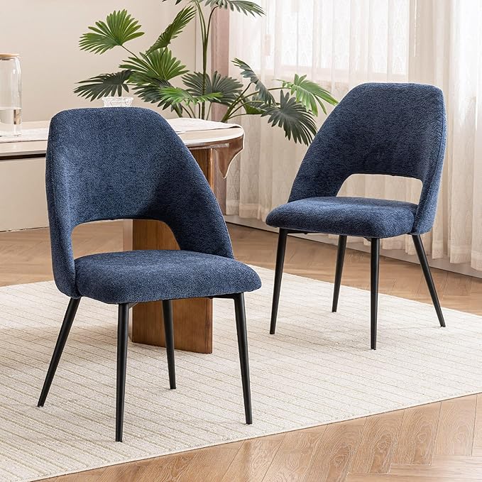 Rowill Boucle Dining Chairs Set of 2, Morden Upholstered Dining Room Kitchen Chairs with Metal Legs for Living Room, Bedroom, Restaurant, Blue