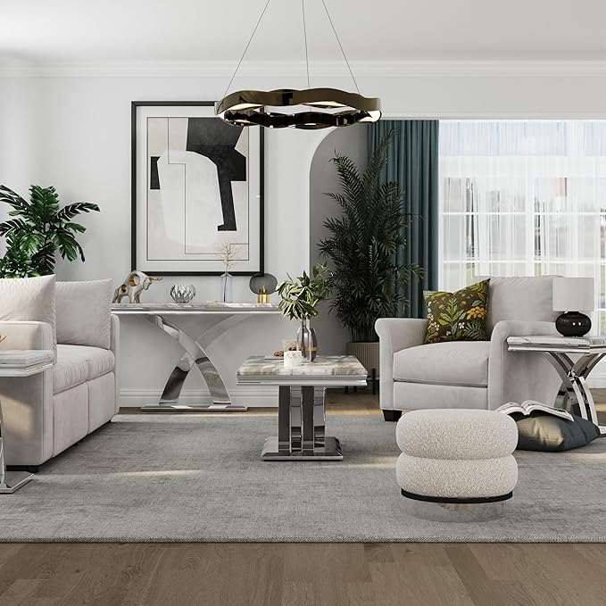 AUZ 3 Pieces Silver Living Room Table Set Modern Coffee Table Set with X-Shape Design Polished Stainless Steel Frame