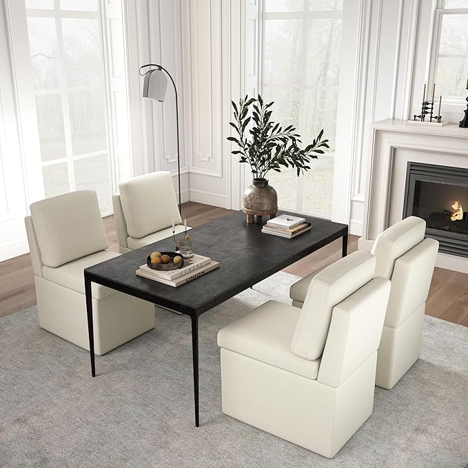 VKNOW Upholstered Dining Chairs Set of 4, Modern Kitchen Chairs with Storage, Linen Armchair Dinner Chair for Kitchen Dining Room Office Bedroom, Beige