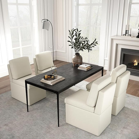 VKNOW Upholstered Dining Chairs Set of 4, Modern Kitchen Chairs with Storage, Linen Armchair Dinner Chair for Kitchen Dining Room Office Bedroom, Beige