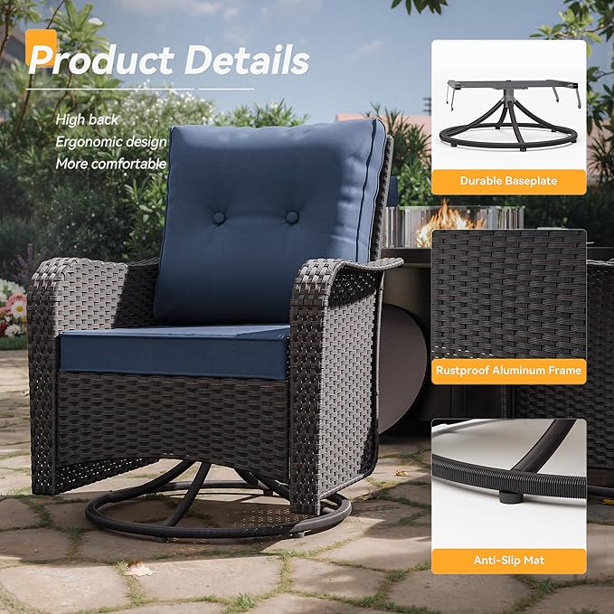 Kurapika 5 Pieces Patio Furniture Set, Rattan Wicker Outdoor Conversation Sets, 4 Woven Rattan Swivel Chairs w/48in Propane Fire Pit Table and Thickened Cushions, Navy Blue