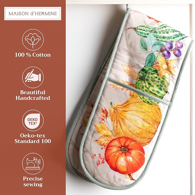 Maison d' Hermine Double Oven Mitt (7" x 35") 100% Cotton Heat Resistant BBQ Cooking Gloves with Loop for Thanksgiving Christmas Decorations Baking Cooking Barbeque Handling Hot Pan (Lumina)