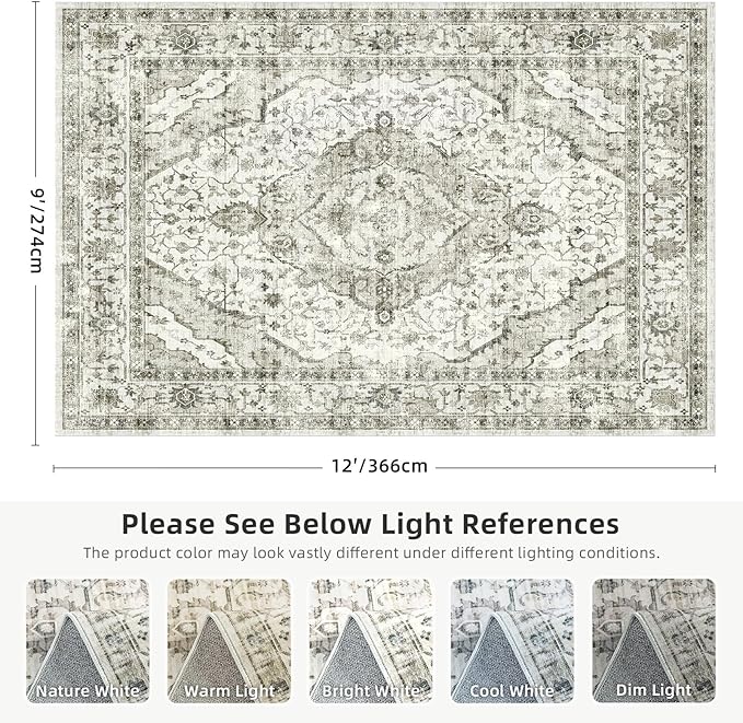 Deerly Boho Area Rug 9x12 Rugs for Living Room Distressed Area Rugs, Non Slip Washable Rugs Large Rug for Bedroom Dining Room Office, Floor Decoration 9 x 12 Rug (Cream)