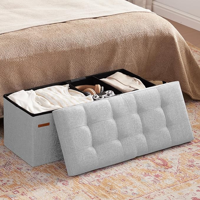 HAUSFRAU 31.5 Inches Ottoman with Storage Bench, Folding Ottoman Bench Small Foot Rest Stool, Bedroom Bench with Flipping Lid, Linen Silver