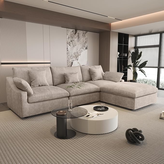 WJShome 120" Cloud Modular Sectional Sofa Couch for Living Room,L Shaped Sofas with Ottoman,Down Filled Modular Sectional Sofa,Convertible 4 Seater, Covers Washable&Replaceable