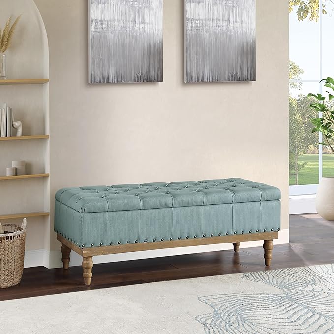 OSP Home Furnishings Landis Button Tufted Padded Top Storage Bench with Brushed Legs, Sea Blue Fabric