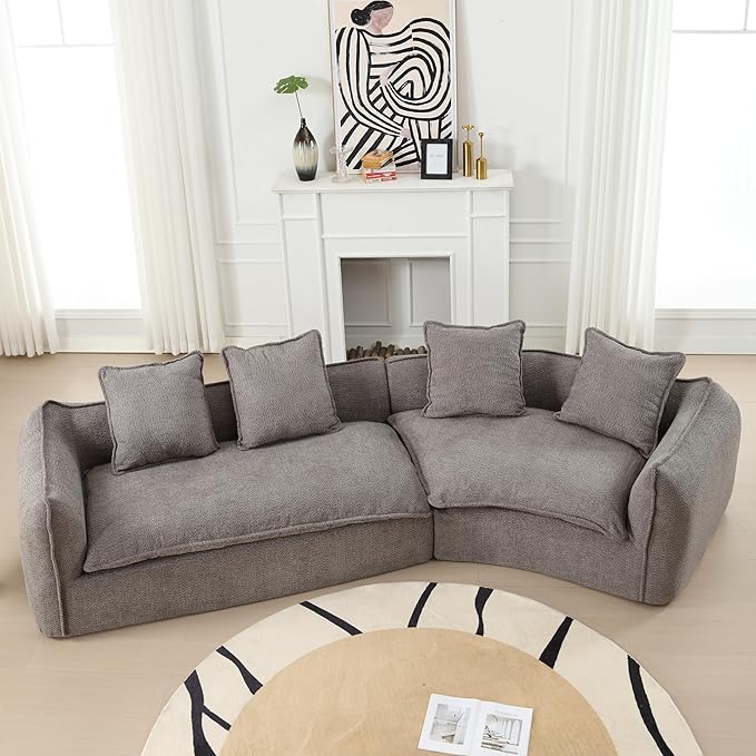 129.9” Curved Boucle Sofa Couch, Modern Sectional Sofa Cloud Deep Seat Couch with 4 Pillows, Comfy Modular 4-Seat Couches for Living Room Apartment (Grey)
