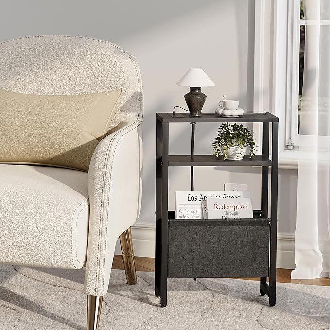 Narrow Side Table with Charging Station, Slim End Table with Magazine Rack, Bedside Table for Small Spaces, 3 Tier Sofa Couch Table Nightstand for Living Room, Bedroom, Black LET503BE