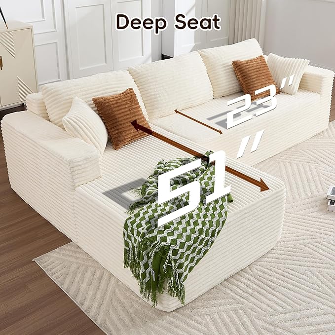 108" Boneless Couches for Living Room, Modular Sectional Sofa with Oversized Chaise, L-Shape Cloud Couch with Deep Seat, High-Density Memory Foam, No Assembly Required, Plush Corduroy Beige