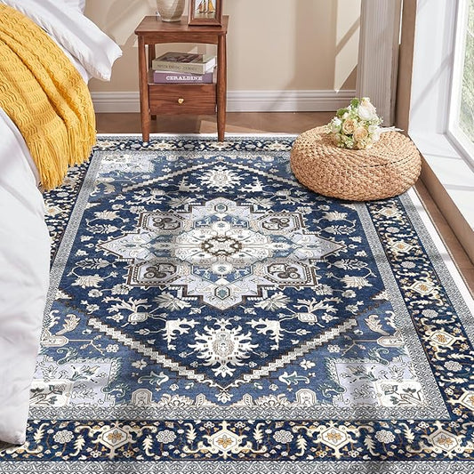 OPPODREAM Thin Area Rugs 3x5, Washable Rugs with Non Slip Backing, Low-Pile Throw 3x5 Carpet, Faux Cashmere 3 x 5 Carpet, Navy Blue & Gold