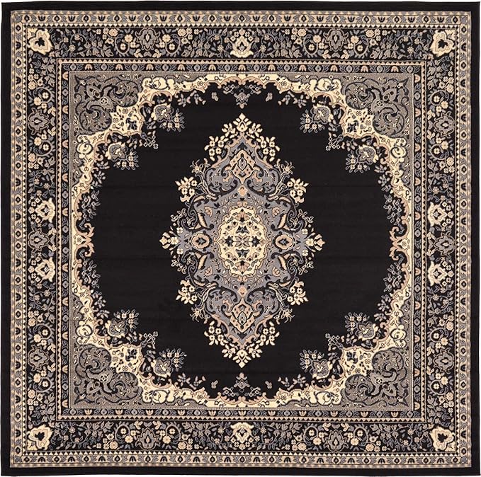 Unique Loom Reza Collection Traditional Persian Style Area Rug, 8' 0" x 8' 0", Black/Beige