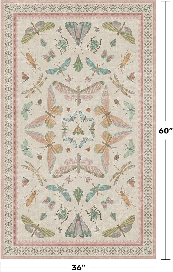 3x5 Flower Area Rug for Girls Bedroom - Washable Light Pink Large Entryway Rug for Laundry Room, Kitchen, Bedroom, Dorm, Insect Print Vintage Floral Non-Slip Throw Rug Low Pile Stain Resistance
