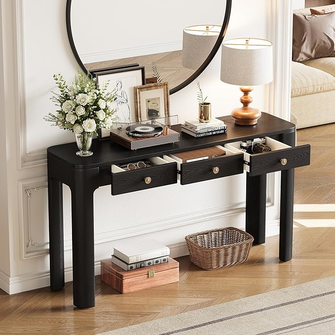 52“ Rustic Console Table with Curved Corners for Safety, Entryway Table with 3 Concealed Drawers, Sturdy Sofa Table with Thick Legs for Hallway & Living Room(Black)