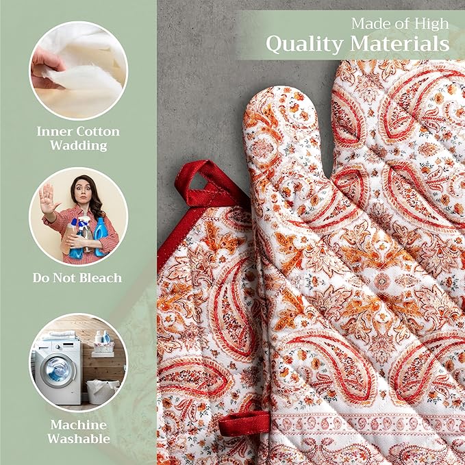Maison d' Hermine 100% Cotton Oven Mitt & Pot Holder Set (7.5"x13" & 8"x8") Heat Resistant BBQ Cooking Gloves with Loop for Thanksgiving Christmas Decorations Handling Hot Pans (Orient)