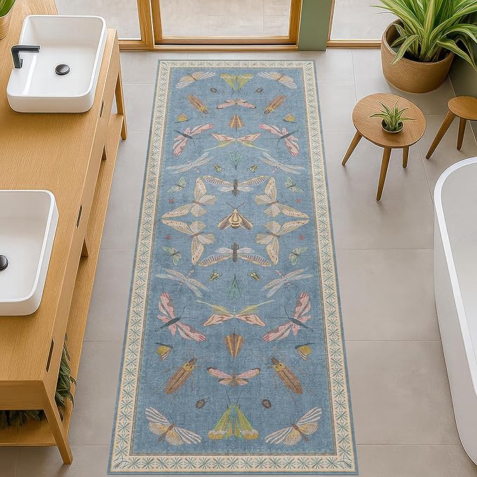Boho Non Slip Kitchen Rug Runner - 2x6 Blue Washable Rug for Bathroom, Laundry Room, Hallway, Non Slip with Rubber Backing, Insect Print Unique Runner