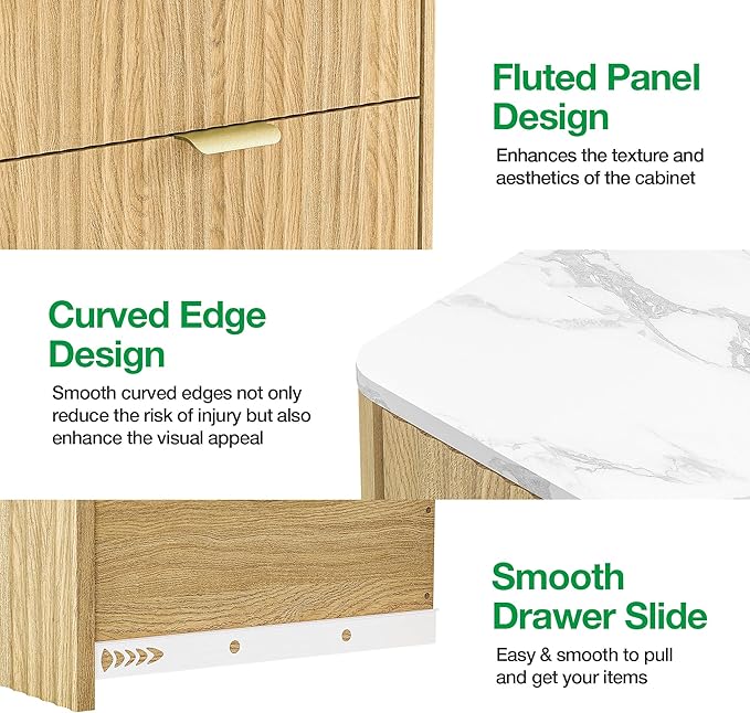 57" Wide Storage Cabinet, Fluted Chest of Drawers with Curved Edges, Wooden Buffet Cabinet with 9 Drawers, Modern Credenza with Faux Marble Top for Living Room, Hallway, Natural