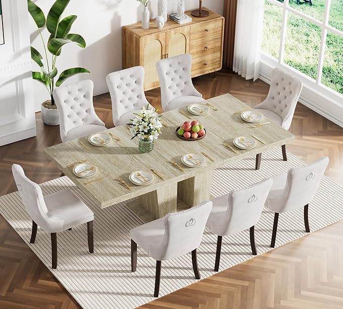 Goujxcy 9-Piece Extendable Dining Table Set for 8, 63-78 Inch Faux Travetine Kitchen Table Set with 8 Beige Upholstered Chairs Modern Wood Expandable Dining Room Table Set for Kitchen Apartment