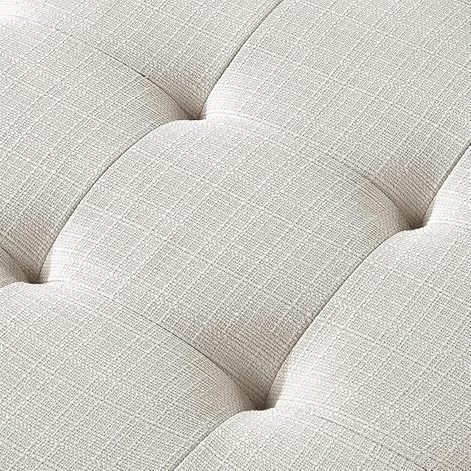 24KF Large Rectangular Upholstered Tufted Linen Ottoman Bench, Padded Bench with Solid Wood Shelf-Ivory