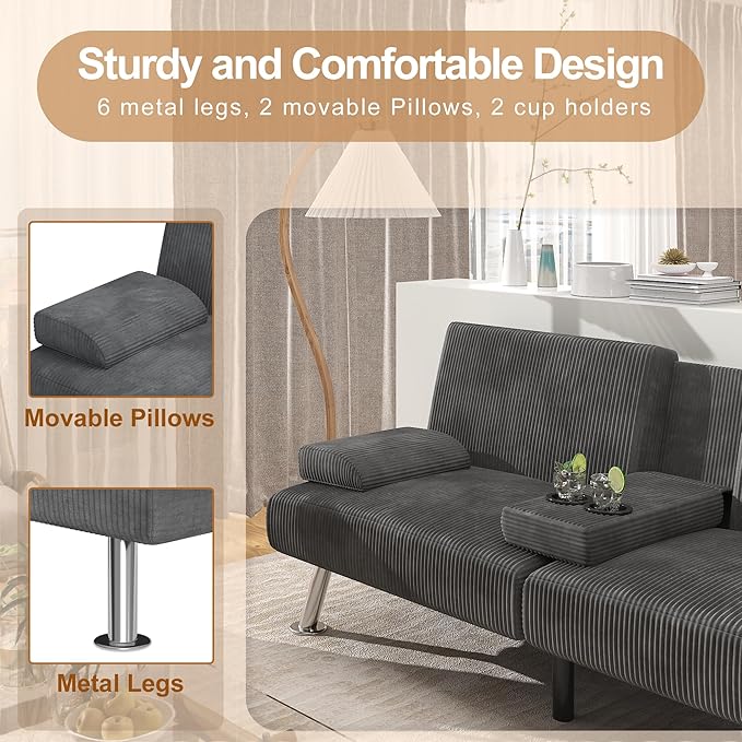 Shahoo Modern Upholstered Convertible Folding Futon Sofa Bed with Removable Armrests, Metal Legs, 2 Cup Holders for Living Room, Grey