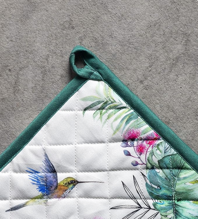 Maison d' Hermine 100% Cotton Oven Mitt & Pot Holder Set (7.5"x13" & 8"x8") Heat Resistant BBQ Cooking Gloves with Loop, Baking, Grilling, Kitchen, Handling Hot Pans Spring/Summer (Tropiques)