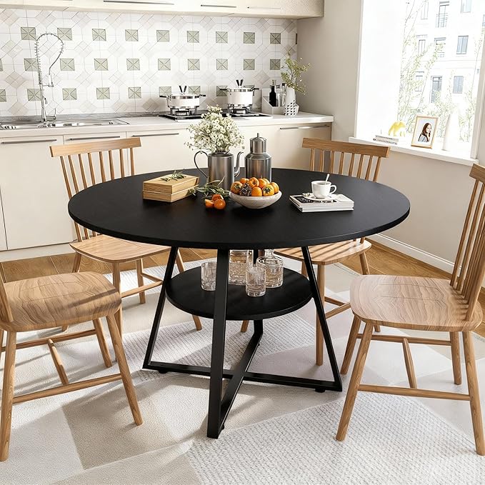 47" Round Dining Table for 4, Kitchen Dining Table with Storage, Wood Circle Dinner Table, Space Saving Dining Room Furniture for Kitchen, Living Room