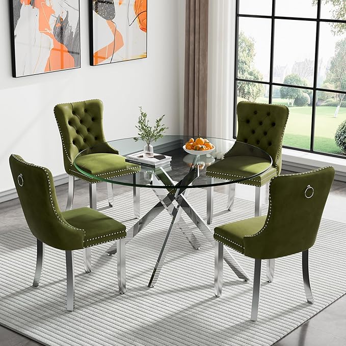 Goujxcy 5 Piece Round Glass Dining Table Set for 4, 47" Round Dining Table & Chair Set Modern Circle Glass Kitchen Table and 4 Velvet Upholstered Chairs for Kitchen Dining (Silver & Olive-Green)