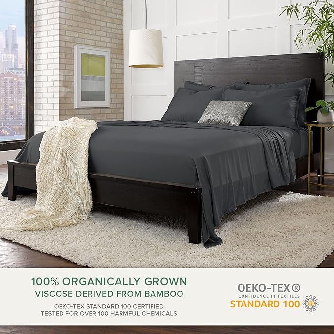Pure Bamboo Queen Sheets, Genuine 100% Organic Viscose Derived from Bamboo Bed Sheet Set, Luxuriously Soft & Cooling, Double Stitching, 2 Year Quality Promise (Queen, Charcoal)