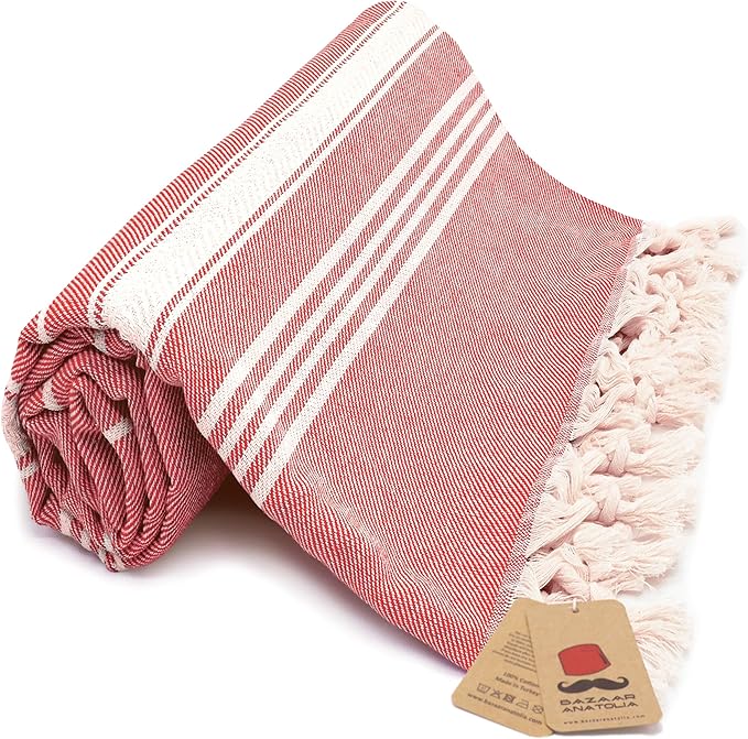 Bazaar Anatolia Turkish Beach Towel – 100% Cotton, Quick Dry, Sand Free Towel for Bathroom, Travel, Camping – Oversized 71x39 Inches – Stripe Red