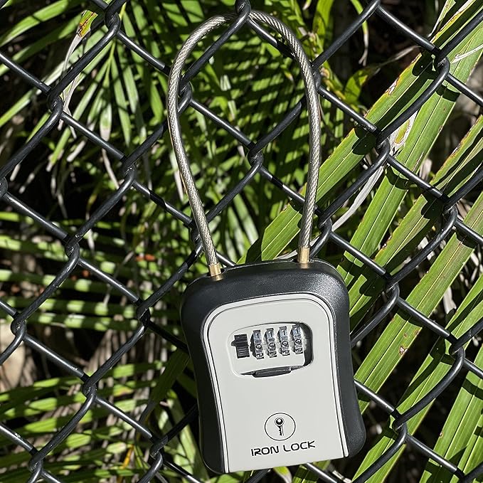 Iron Lock® Key Lock Box Portable with Cable Shackle & Wall Mount – Waterproof Metal Lock Box for Keys with 4-Digit Combination & Resettable Code – Indoor/Outdoor Key Safe (Grey, Medium)