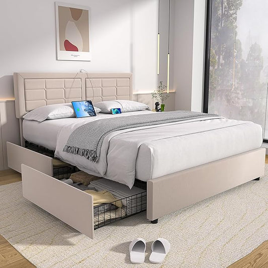 VECELO Queen Size Bed Frame with 4 Drawers, Adjustable Tufted Button Headboard, Upholstered Platform with Wood Slats Support, Built-in USB and Type C Ports, Beige