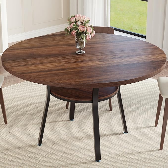 IDEALHOUSE Round Dining Table for 4-6, 47 Inch Kitchen Table with Sturdy Metal Frame, Space Saving Circle Dining Room Table for Small Space (Table Only), Walnut