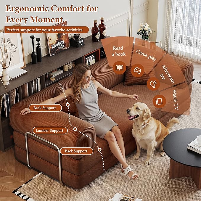 Boneless Couch Sectional Sofa,Convertible Sofa Bed with Sleeper Sofa,Futon Floor Couch Folding Sofas for Living Room,Bedroom,Apartment (Orange, 78.8''W)