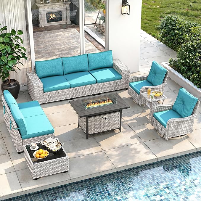 10 Piece Outdoor Wicker Rattan Sectional Sofa Set with Swivel Chairs & Fire Pit Table, 7-Seats with 4" Thickened Cushions & Coffee Table, All-Weather PE Rattan for Garden, Backyard, Porch, Navy