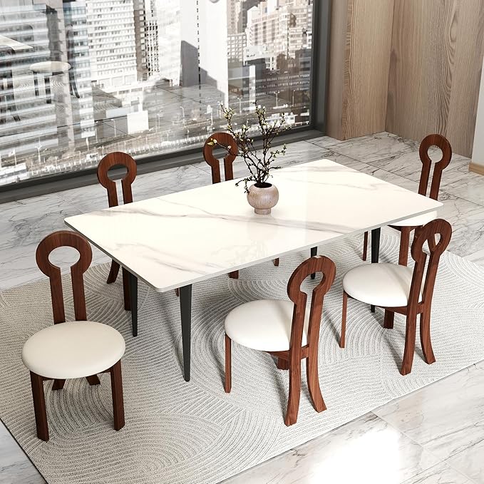 Wooden Dining Chairs Set of 6 Upholstered Kitchen & Dining Room Sherpa Chairs, Mid Century Modern Dining Chairs White with Walnut Legs